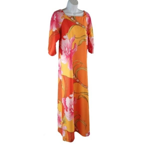 Hawaiian Togs Womens Maxi Dress 12 Vibrant Vtg 60s Orange Square Neck Elbow Slv - Picture 2 of 7